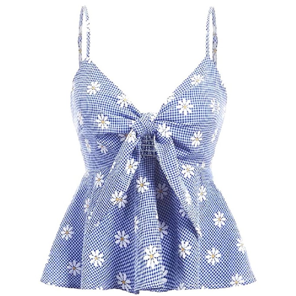 Floral Smocked Peplum Ruffle Boho Tie Front Sleeveless V Neck Crop Top